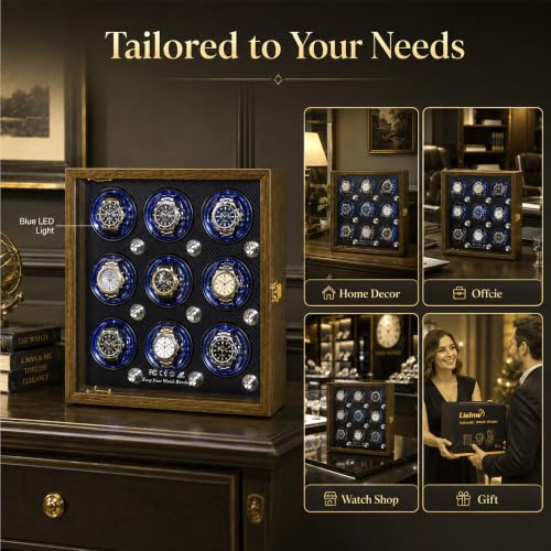 Watch Winder for Automatic Watches, Walnut 9 Slots Winding Watch Box with Japanese Quiet Motor & Blue LED for Rolex and Auto Watches, Wooden Rotating Watch Case Used for Display, Storage & Gift - size: 9 slots