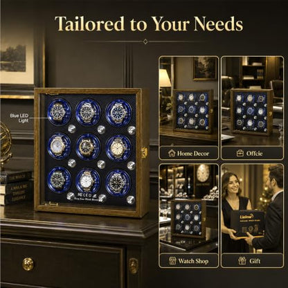 Watch Winder for Automatic Watches, Walnut 9 Slots Winding Watch Box with Japanese Quiet Motor & Blue LED for Rolex and Auto Watches, Wooden Rotating Watch Case Used for Display, Storage & Gift - size: 9 slots
