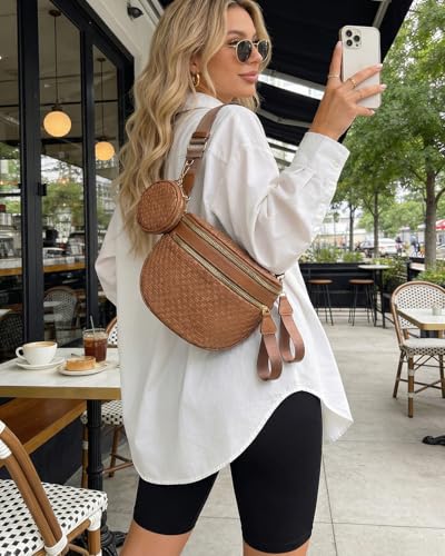Valentoria Large Woven Leather Crossbody Bags for Women Checkered Bum Bag Sling Bag Purse Adjustable Strap Detachable Wallet | Woven - color: Brown Checkered