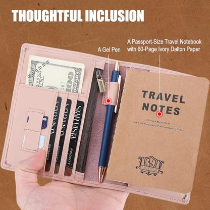 STAR VISTA Phoenix Leather Passport Holder, Calfskin Travel Wallet - RFID Blocking, ID Window, Zipper Pocket, Pen & Notebook Included, Pale Pink - color: Pink B