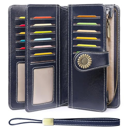 SENDEFN Womens Wallet RFID Blocking Card Holder Large Leather Wristlet - color: 1-Wax-Blue-3
