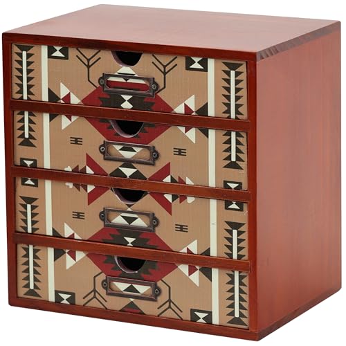 Boho Navajo Wooden Desk Organizer with Drawers – 4-Drawer Desktop Storage Box – Rustic Tribal Wood Desk Organizer for Office, Vanity, or Craft Supplies – Compact & Stylish Wooden Storage Drawers - color: Light Tribal Boho