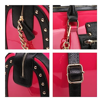 Dasein Women's Barrel Bag Shiny Patent Faux Leather Handbag with Rivet Decoration Top Handle Satchel Shoulder Purse - color: Larger Fuchsia