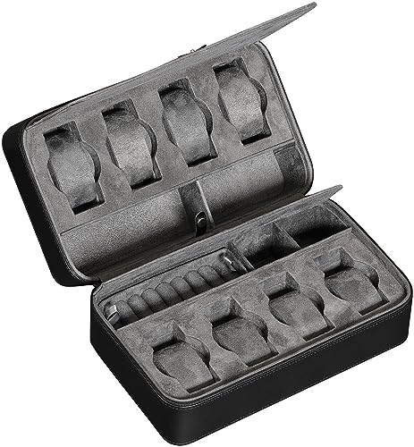 ROTHWELL 8 Watch Travel Case Storage Organizer for 8 Watches, Sunglasses, Rings & Cufflinks |Tough Portable Protection with Zipper Fits Most Wristwatches & Smart Watches Up to 50mm (Black/Grey) - color: Black/Grey