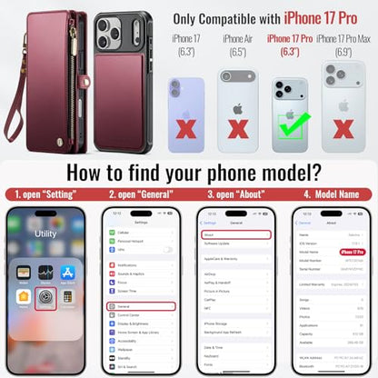 Defencase for iPhone 17 Pro Case Wallet Compatible with Magsafe, Wine Red | Drop-Proof Magnetic Detachable Phone Cases Cover, with RFID Bolcking Card Holder, Zipper Strap, PU Leather, Removable Wallet - color: (Detachable with Magsafe)-Wine Red