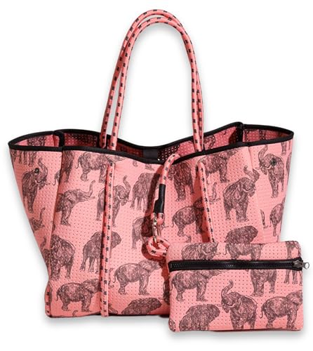 POPUPS Large Neoprene Tote Bag for Women - Everyday Designer Handbag for Travel Work and Beach with Pockets and Zipper Pouch - color: 1majestic Elephants