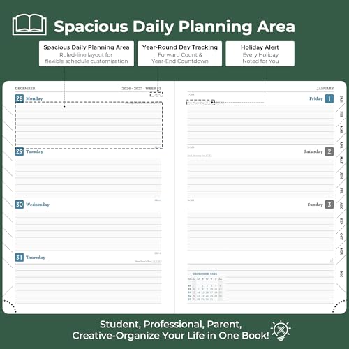 Weekly Monthly 2026-2027 Planner (July 26-Dec 27),8.5"x6.5" | 18 Months Agenda Plan with Month Tabs & Pocket,Expenses/Note Pages, Academic Calendar with Vegan Leather Cover,Green - color: Green, size: Medium-8.5" x 6.5"