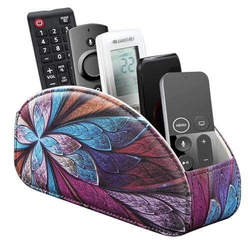 PU Leather Remote Control Holder TV, Remote Caddy for Table 5 Compartments | Nightstand Storage Organizer for Bedroom Accessories, Media Controllers, Pen, Makeup, Office Supplies, Decor for Living Room - color: Fractal Flower, size: Small