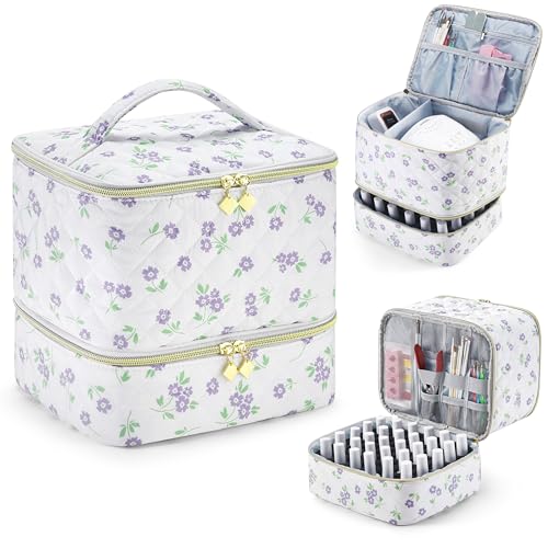 CTWWFS Nail Polish Organizer and Nail Lamp Case, Nail Kit Organizer Holds 30 Bottles (15ml - 0.5 fl.oz) and a Nail Lamp, Nail Polish Carrying Case with Manicure Tools Storage Sections (Purple Flower) - color: Purple Flower