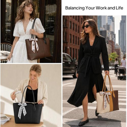 Work Tote Bag for Women, Laptop Tote Fits 15.6Inch Computer,Faux Leather Office Bag with Bottle Holder Shoulder Handbags - color: Brown