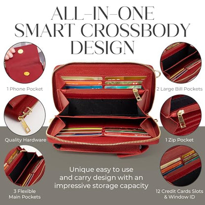 BULL GUARD Crossbody Bag for Women, Leather Phone Wallet Purse with Adjustable Anti Theft Strap & RFID Blocking 12 Card Slots - color: Red Velvet Bliss Latte - Small