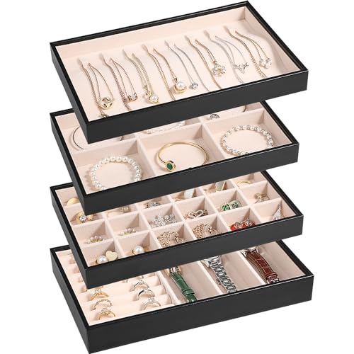 LANDICI 4-Piece Stackable PU Leather Jewelry Organizer Trays, Black | Four stackable PU leather trays with flannel lining, ring rolls, necklace hooks and removable dividers for customized storage - color: Black