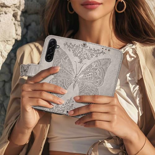 for Samsung Galaxy A17 5G Phone Case Wallet,Gray | Butterfly Embossed PU Leather, Credit Card Holders, Wrist Strap, Magnetic Closure, Flip Protective Purse Cover for Women Men - color: Gray