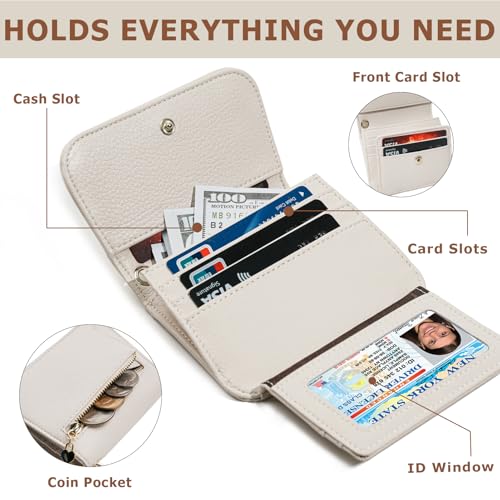 Women Small Wallet RFID Blocking Slim Wallet with Coin Pocket Tri-Fold Credit Card Holder with ID Window and Keychain(Beige) - color: Beige