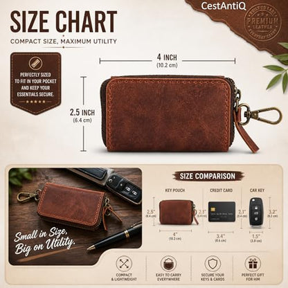 Green Leather Key Holder & Coin Purse | Full grain leather, zippered coin pouch, belt-loop keychain, earphone storage, key organizer for men & women - color: Green