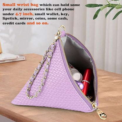Artificial Leather Triangle Wristlet Clutch Purse Handbag - Pyramid Evening Cocktail Pouch Wallet Strap & Tassel Charm - color: New Purple