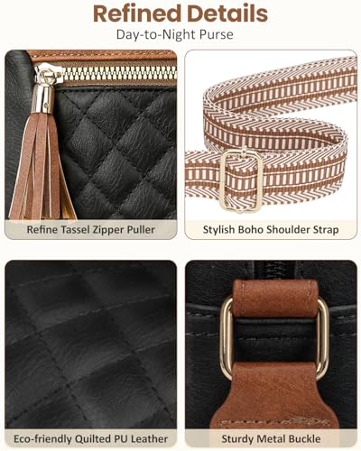 Tenot Hands-free Crossbody Bags for Women Stylish Quilted Design | Premium Vegan Leather, Excellent Daily Use, Comfortable, Weather-ready Crossbody Purses for Women - color: Black- Brown