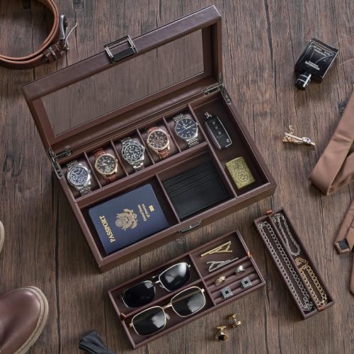 ProCase Men's Jewelry Box, 5-Slot Watch Display Case Jewellry Storage Organizer for Sunglasses Rings Accessories with Hidden Compartment, Watch Holder with Glass Lid, Fathers Day Gift -Espresso - color: Espresso