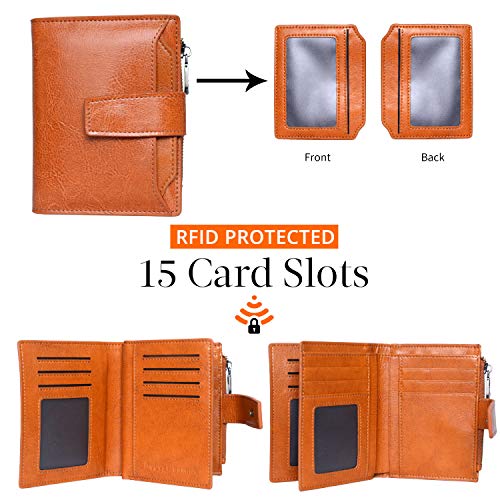 Bveyzi Small Leather Wallet for Women, RFID Bifold with ID Window | Holds 11 cards, a pull-out ID sleeve, zippered coin pocket & bill slot — fits crossbody bags and keeps everything organized - color: Brown
