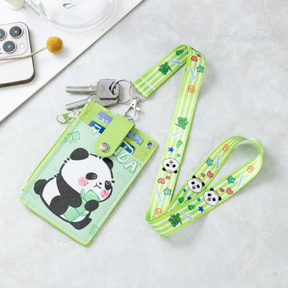 Cute ID Badge Holder with Detachable Lanyard, PU Leather Wallet & Key Ring | Adorable Panda ID Card Holder (Green), Zippered Pocket, 2-Sided 3 Card Slots, Suitable for Teachers, Students, Nurses & More - color: Panda-green