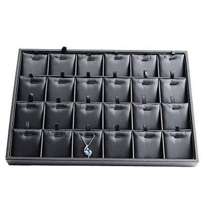 Black PU Leather 24-Grid Jewelry Necklace Pendant Organizer Tray | with removable insert, scratch-resistant divided storage, ideal for home drawer organization and retail jewelry display - style: Necklace Tray