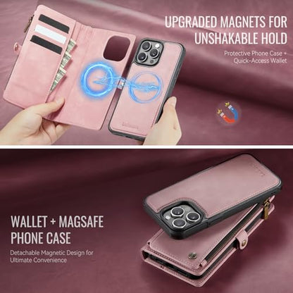 Defencase for iPhone 14 Pro Max Case Wallet Compatible with Magsafe, Pink | Drop-Proof Magnetic Detachable Phone Cases Cover, with RFID Bolcking Card Holder, Zipper Strap, PU Leather, Removable Wallet - color: (Detachable with Magsafe)-Pink