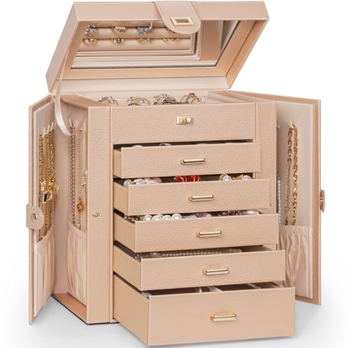 AKOZLIN 6-Tier Jewelry Box Organizer Functional 5 Drawers Leather Jewelry Storage Case for Women Girls Ring Necklace Earring Bracelet Holder Organizer with Mirror Medium Champagne - color: Champagne, size: Medium
