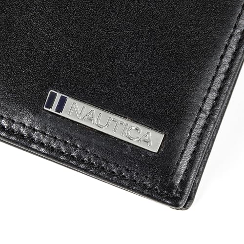 Nautica Men's Bifold Leather Wallet | RFID Blocking | ID Window | Card Slots | Organization | Durable | Stylish - color: Enameled Logo - Black