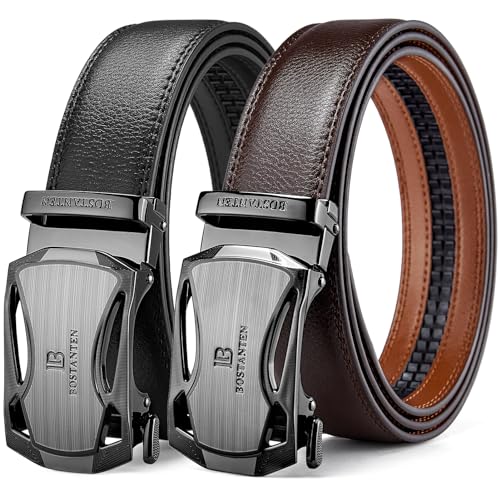 BOSTANTEN Leather Ratchet Belts for Men 2 Pack Trimmable 1 3/8“ Gift Boxed - color: 001-black and Coffee, size: 36"-42" Waist Adjustable