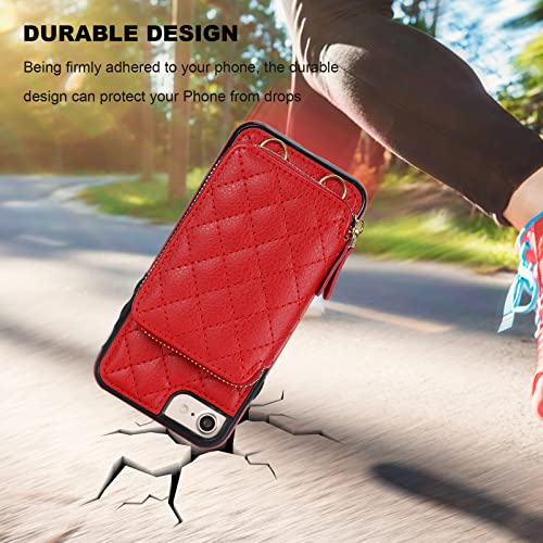 Bocasal Crossbody Wallet Case for iPhone SE 2022/SE 2020/8/7, Red | RFID Blocking PU Leather Zipper Handbag Purse, Kickstand Flip Folio Case with Card Slots Holder Wrist Strap Lanyard 4.7 Inch - color: Red