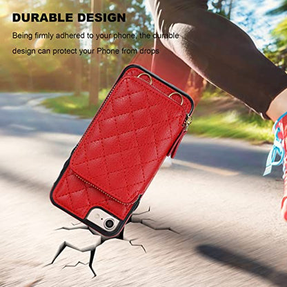 Bocasal Crossbody Wallet Case for iPhone SE 2022/SE 2020/8/7, Red | RFID Blocking PU Leather Zipper Handbag Purse, Kickstand Flip Folio Case with Card Slots Holder Wrist Strap Lanyard 4.7 Inch - color: Red