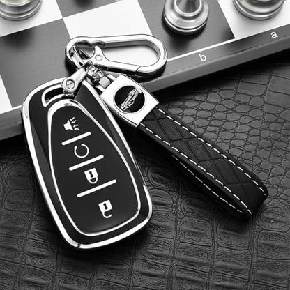 Key Fob Cover for Chevy - Premium Soft TPU Shell Full Protection Case with Keychain, Fits Equinox Malibu Traverse Cruze Blazer Camaro Trailblazer Spark Sonic Volt Bolt Trax, Black 3-Button - color: Black-silver, size: 3 Buttons