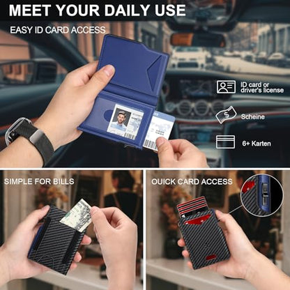 Wallet for Men Wallet with Slim Pop Up Card Holder 9-13 Cards, Bifold Minimalist Smart Wallet RFID Blocking Credit Card Holder with ID Window & Stretchable Cash Slot Compact Metal Aluminum Card Case - color: Carbon Fiber + Blue