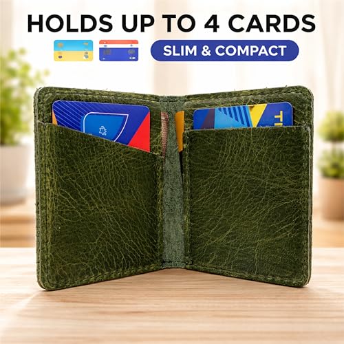 Genuine Leather Bifold Card Holder Wallet, Forest Green | Men & Women, Slim Minimalist, Front Pocket, Compact Travel & Everyday Carry - color: Green