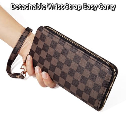 Checkered Highland Cow Print Book Wallet For Women Skull Goth Frog Butterfly Ladies Cluth Wristlet Wrist Strap Long Purse Zip Around Card Holder - color: Checkered Brown