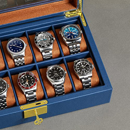 ROTHWELL 10 Slot Leather Watch Box - Luxury Case Display Jewelry Organizer - Locking Watch Display Case Holder with Large Glass Top - Box Organizer for Men and Women (Blue/Tan) - color: Blue / Tan