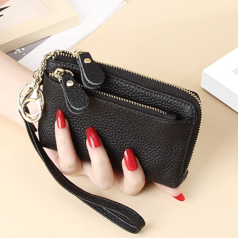 Women Genuine Real Leather Coin Purse with Hand Strap. 3 Zipper Small Wallet Wristlet with 3 credit cards slots Holder - Black - color: #01 Black