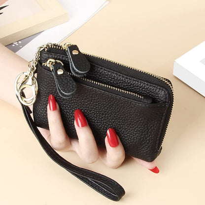 Women Genuine Real Leather Coin Purse with Hand Strap. 3 Zipper Small Wallet Wristlet with 3 credit cards slots Holder - Black - color: #01 Black