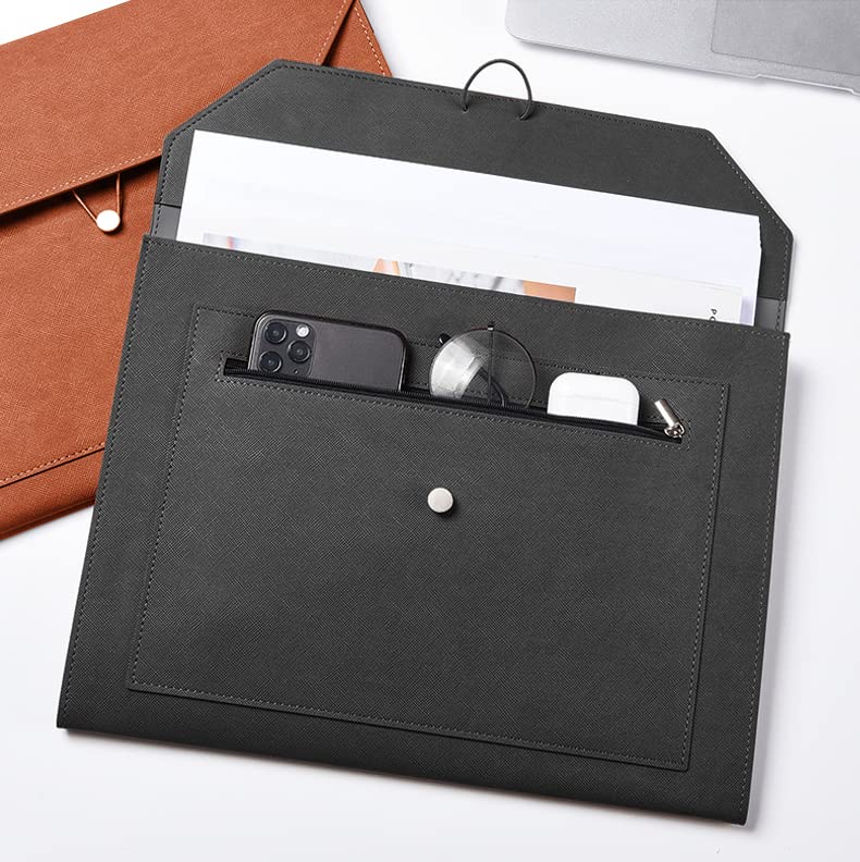 PU Leather A4 File Folder Document Holder 2 Pockets Portfolio Envelope Folder Case with Elastic String 3/4 Inch Expansion (Black&Brown) - color: Black&brown