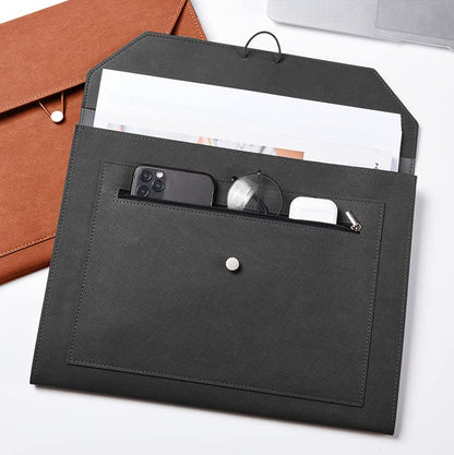 PU Leather A4 File Folder Document Holder 2 Pockets Portfolio Envelope Folder Case with Elastic String 3/4 Inch Expansion (Black&Brown) - color: Black&brown