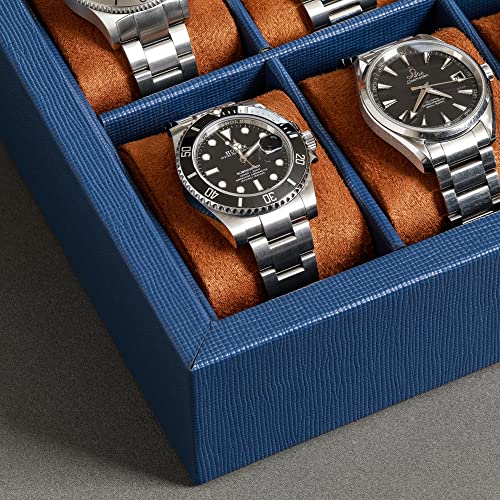 ROTHWELL 10 Slot Leather Watch Box - Luxury Case Display Jewelry Organizer - Locking Watch Display Case Holder with Large Glass Top - Box Organizer for Men and Women (Blue/Tan) - color: Blue / Tan