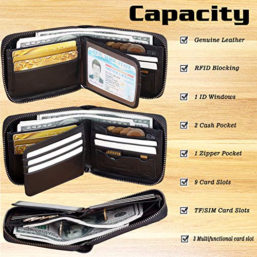 Admetus Mens Zipper Wallet Leather Zip Bifold RFID Blocking Card Holder | genuine leather,gift box,1 ID window,10 credit card slots,2 cash compartments,coin pocket,zip around,gift for men - color: Black-21