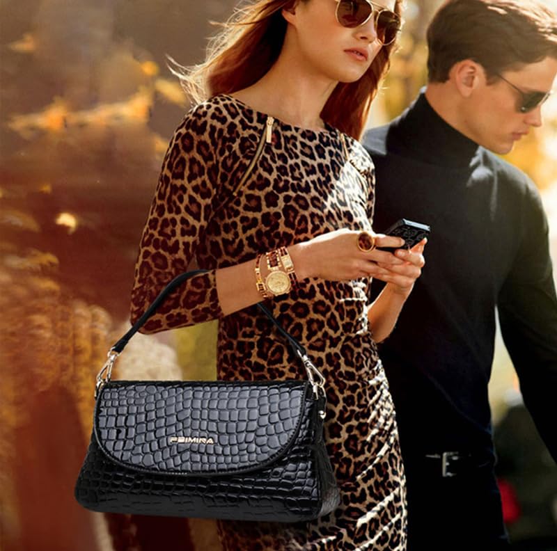 Genuine Leather Shoulder Bag for Women Black Shoulder Bag with Adjustable Strap - color: Black