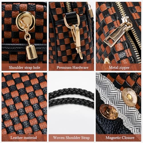 Woven Checkered Crossbody Bag for Women Vegan Leather Satchel Purse | Two-tone structured handbag features a braided top handle, adjustable strap, and 3 spacious compartments with inner zippers - color: Black and Brown Checkered