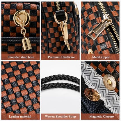 Woven Checkered Crossbody Bag for Women Vegan Leather Satchel Purse | Two-tone structured handbag features a braided top handle, adjustable strap, and 3 spacious compartments with inner zippers - color: Black and Brown Checkered
