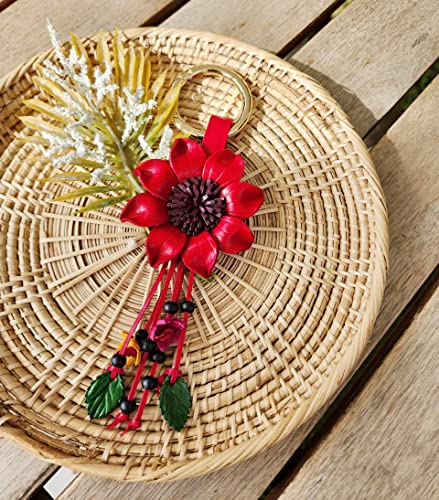 Flower Keyring Keychain Hand Made Leather Key Organizer Handbag Purse Tassels Charms Bag Accessories Handcraft Gifts - color: Sunflower Red