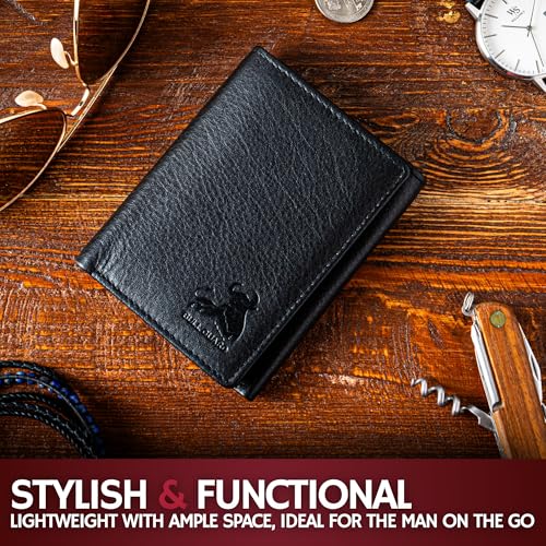 BULL GUARD Best Leather Men's RFID Trifold Wallet With ID Great Outdoor Wallet Durable Top Grain Leather Forest Brown, Double Cash Comparment with Secret Pocket, Compact & Secure Design, In Gift Box - color: Mountain Black - Pebble Stone Black
