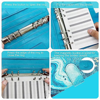 Convend A5/A6 Refillable 6 Ring Faux Leather Budget Binder,Mini Notebook Binder Cover for A5 Filler Paper,Loose Leaf Personal Planner Cover with Magnetic Buckle Closure(Marble Blue) - color: Marble Blue, size: Art-A5