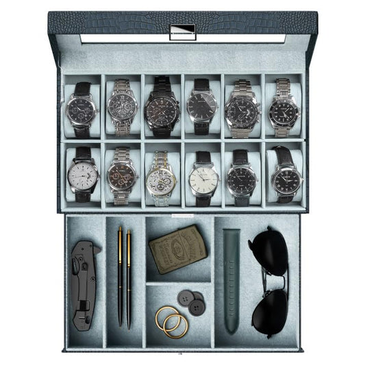 ProCase Watch Box, 12 Slot Watch Case for Men with Drawer, CrocCobaltBlue | 2-Layer Watches Display Case with Glass Lid, Mens Jewelry Box Storage Holder Organizer, Anniversary Christmas Birthday Gift - color: CrocCobaltBlue, size: 12-Slot