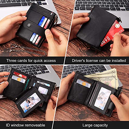 gzcz mens wallet with chain Zipper Genuine Leather Bifold Purse | Genuine Leather, RFID Blocking, Large Capacity,18 Credit Card Slots,2 ID Window,2 Cash Compartments,2 Coin Pocket,Gift Choice - color: Black